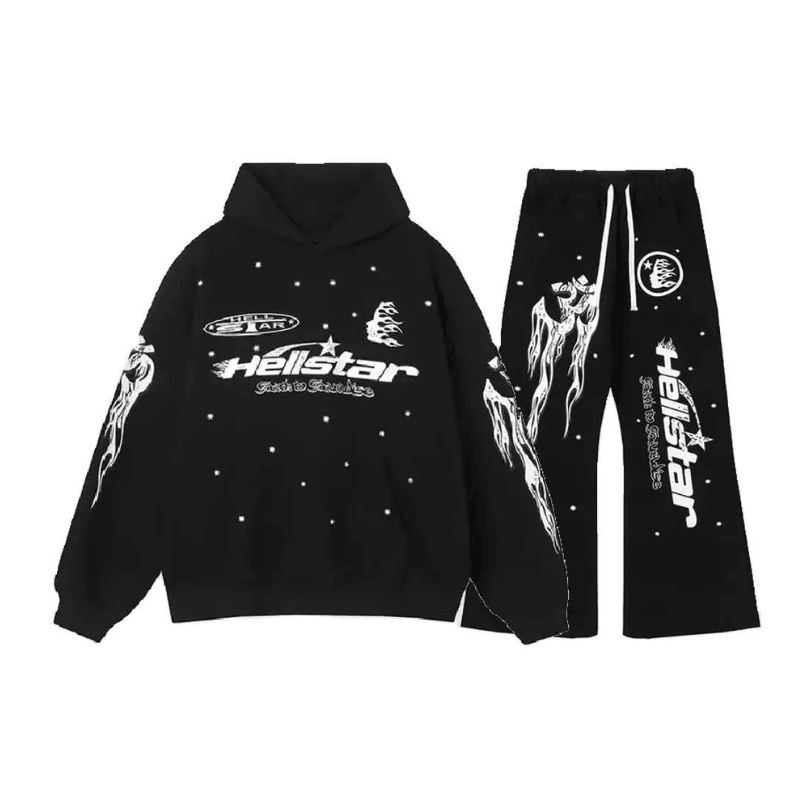 Black Hellstar Tracksuit front view in relaxed premium streetwear fit
