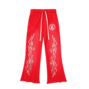 Red Hellstar Pants front view in relaxed streetwear fit