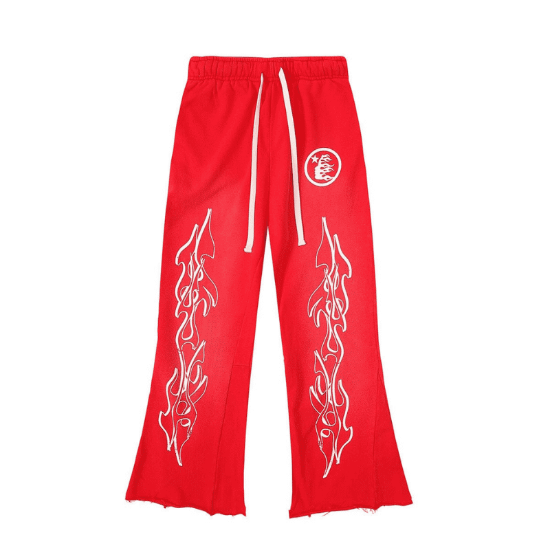 Red Hellstar Pants front view in relaxed streetwear fit