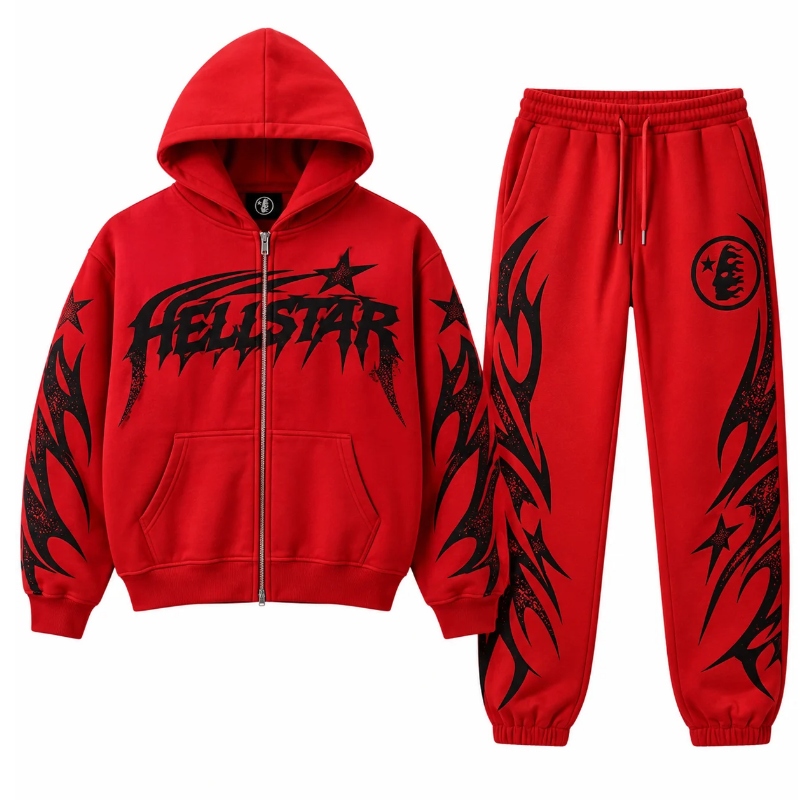 Red and black Hellstar tracksuit front view